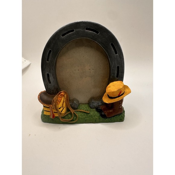 Russ Berrie Handpainted Photo Frame 4.75"x 4.25" Horseshoe Western Cowboy Horse - Picture 1 of 6